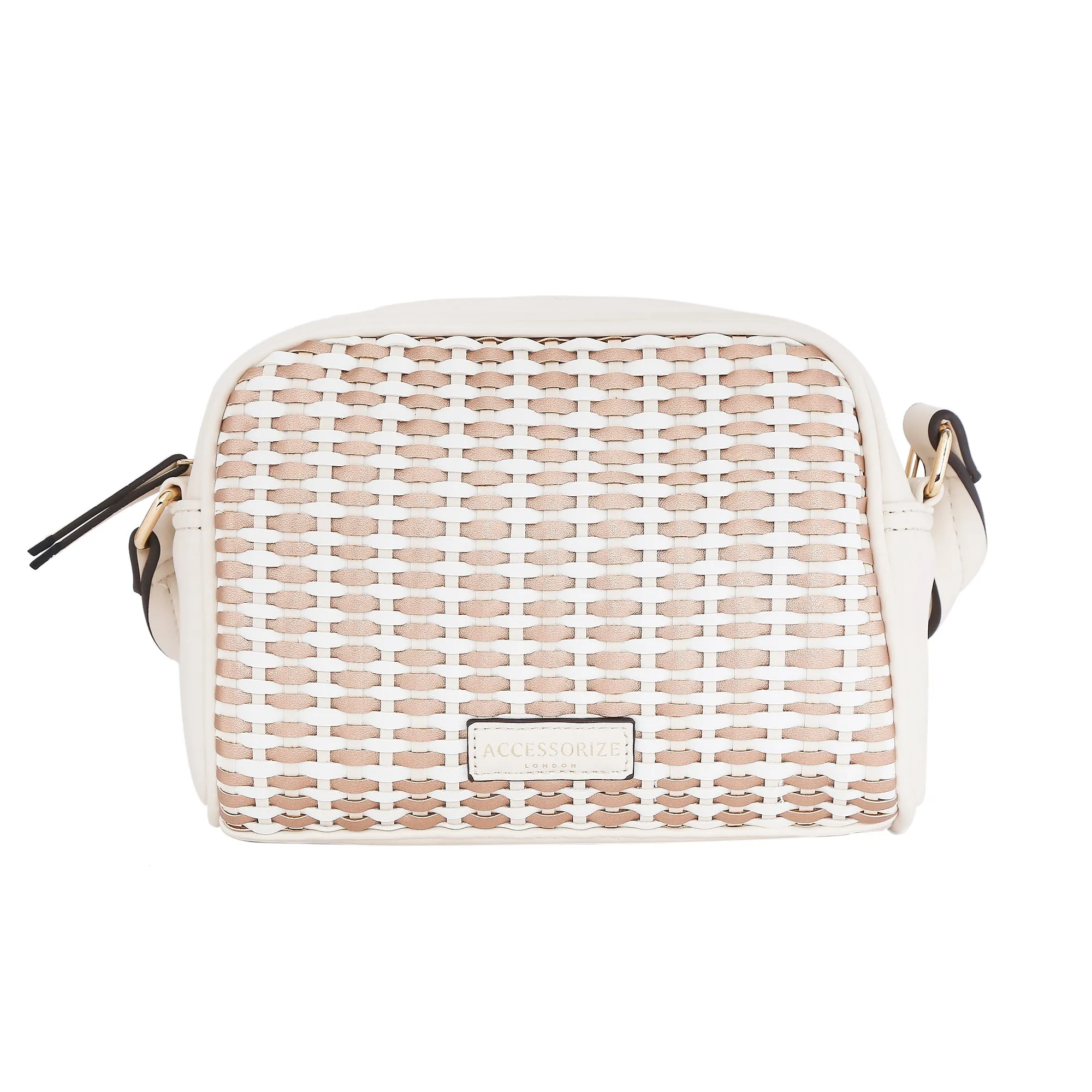 Accessorize London women's Faux Leather Pink Weave Sling bag