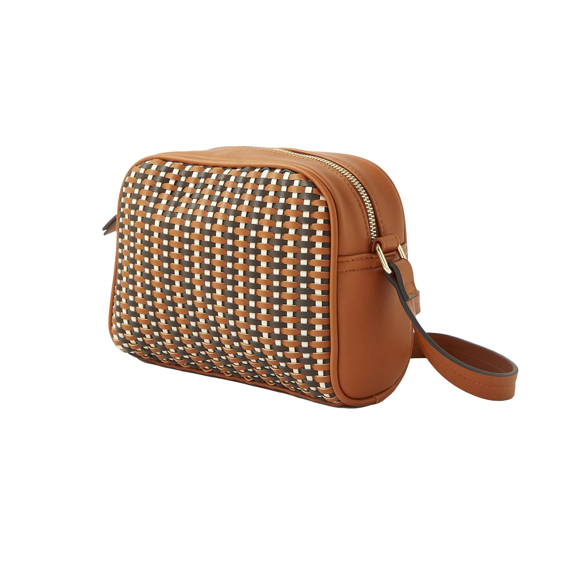 Accessorize London Women's Faux Leather Tan Woven cross body Sling bag