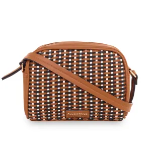 Accessorize London Women's Faux Leather Tan Woven cross body Sling bag