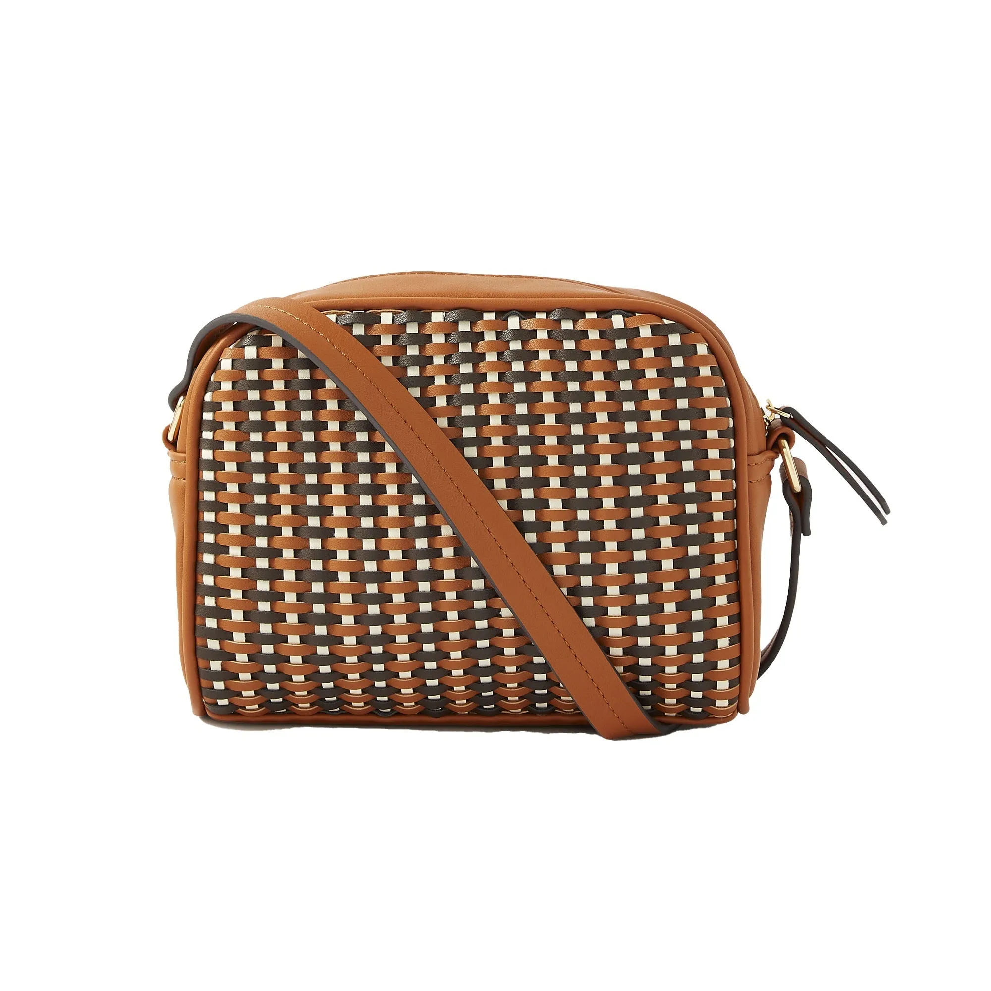 Accessorize London Women's Faux Leather Tan Woven cross body Sling bag