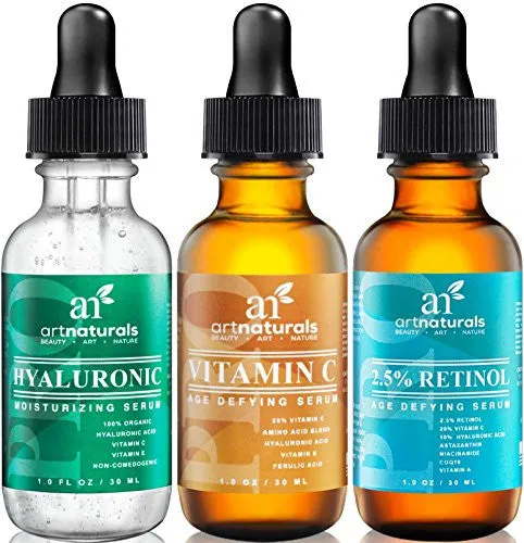 ArtNaturals Anti-Aging-Set with Vitamin-C Retinol and Hyaluronic-Acid - (3 x 1 oz) Serum for Anti Wrinkle and Dark Circle Remover - All Natural and Moisturizing