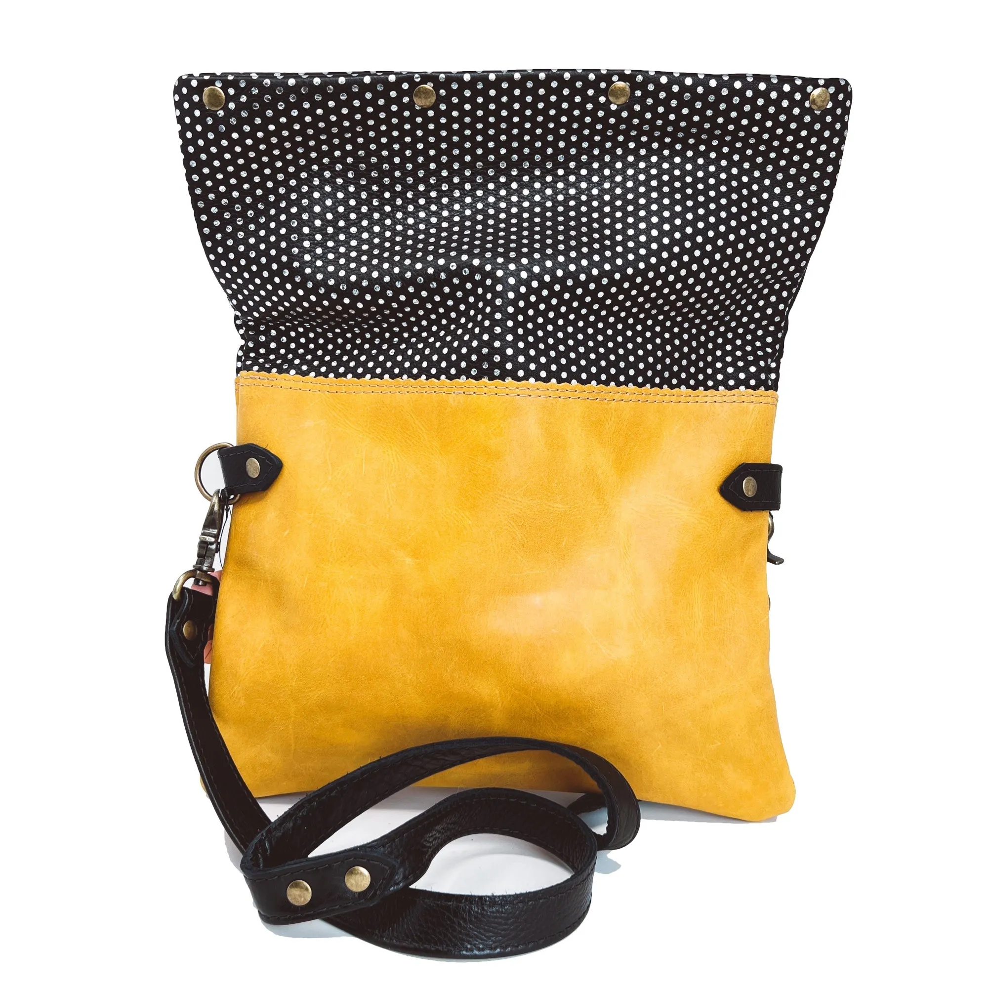 Black and Yellow Leather Polka Dot Foldover Crossbody & Clutch Bag For Women - READY TO SHIP