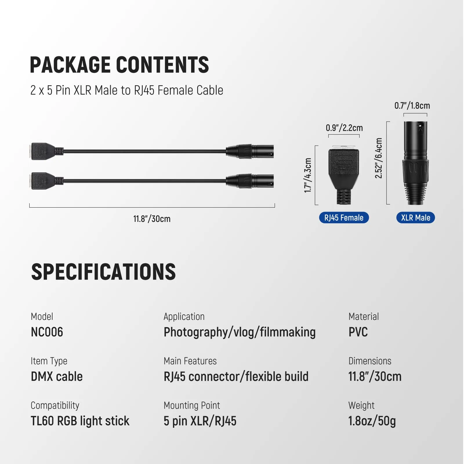 NEEWER 2 Packs NC006 5 Pin XLR Male to RJ45 Female Cable