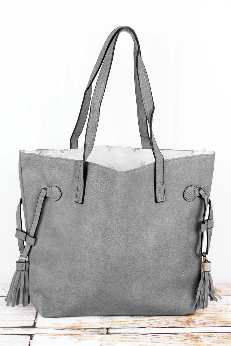 NGIL Gray Faux Leather Side Tassel Tote