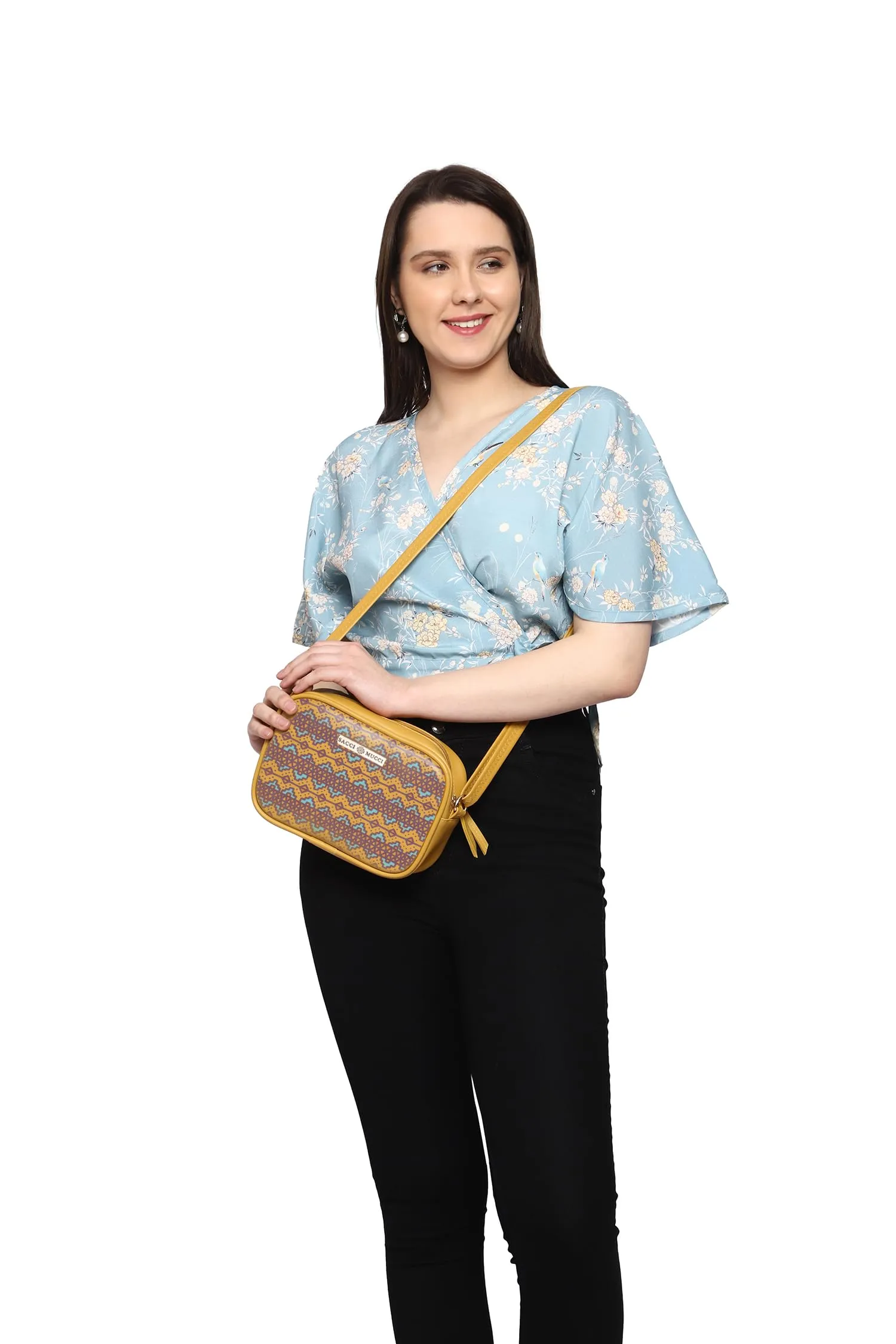 SACCI MUCCI Stylish Box Sling Bag for girls | Side Purse for Women Stylish Latest | Cross Body Sling Box Bags for Girls -EthnicTraditional Print (Mustard)