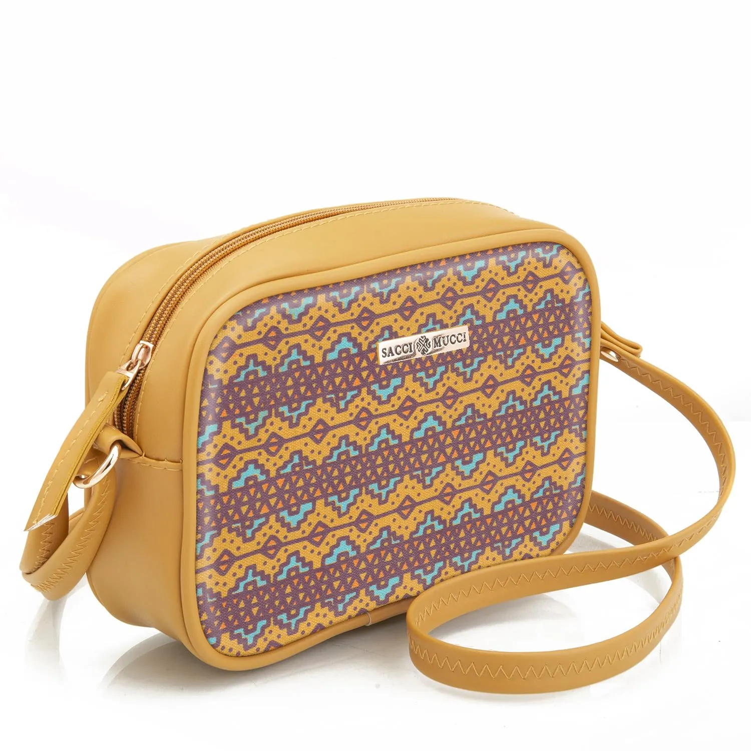 SACCI MUCCI Stylish Box Sling Bag for girls | Side Purse for Women Stylish Latest | Cross Body Sling Box Bags for Girls -EthnicTraditional Print (Mustard)