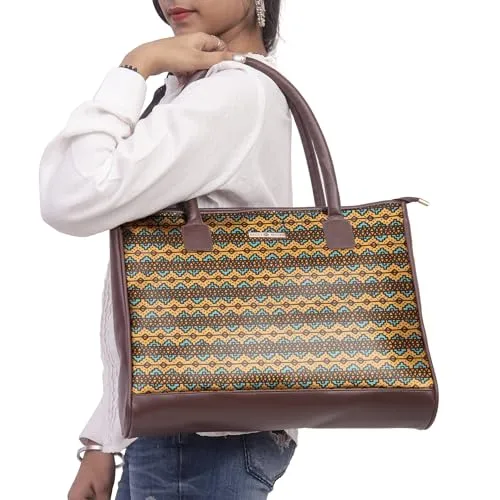 SACCI MUCCI Women's Tote Bag | Large Capacity Tote Bags For Women with Padded Laptop Compartment | Big Shoulder Bag for Office-EthnicTraditional Print (Brown)