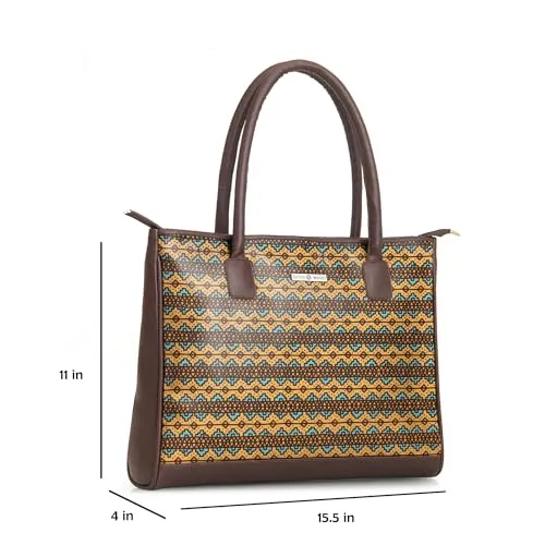 SACCI MUCCI Women's Tote Bag | Large Capacity Tote Bags For Women with Padded Laptop Compartment | Big Shoulder Bag for Office-EthnicTraditional Print (Brown)