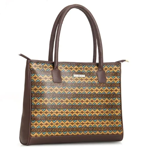 SACCI MUCCI Women's Tote Bag | Large Capacity Tote Bags For Women with Padded Laptop Compartment | Big Shoulder Bag for Office-EthnicTraditional Print (Brown)