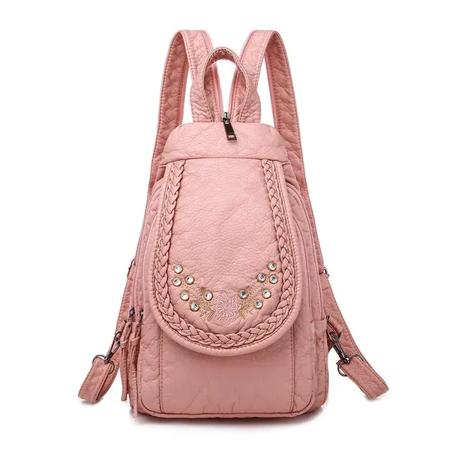 Sohiwoo Leather Ladies Fashion Backpack Pattern And Backpack New Embroidery Backpack Soft Women Lattice Rhombic Lightweight