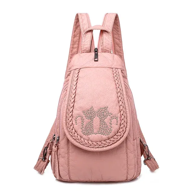 Sohiwoo Leather Ladies Fashion Backpack Pattern And Backpack New Embroidery Backpack Soft Women Lattice Rhombic Lightweight