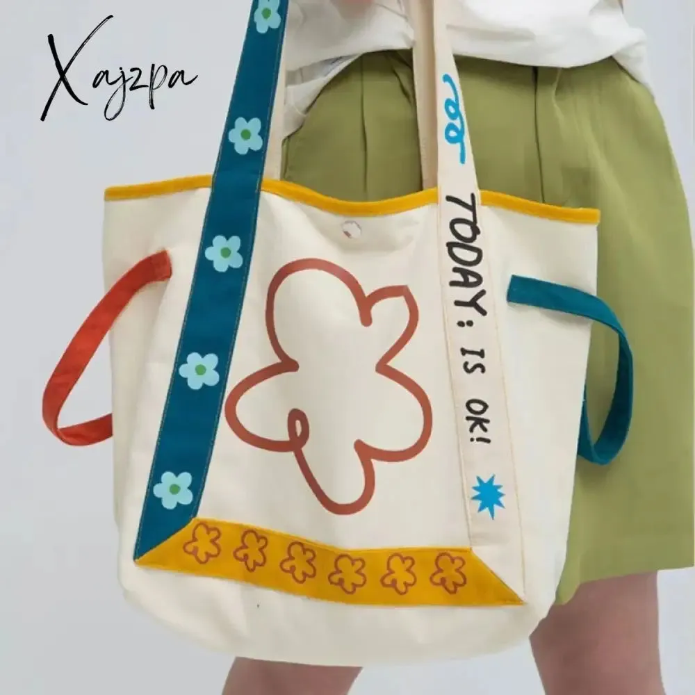 Xajzpa - Harajuku Style Shoulder Bag Flower Letter Print Large Capacity Canvas Handbag High Quality Youthful Fashion White Tote Bag