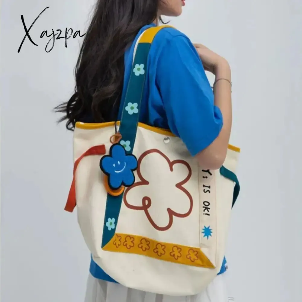 Xajzpa - Harajuku Style Shoulder Bag Flower Letter Print Large Capacity Canvas Handbag High Quality Youthful Fashion White Tote Bag