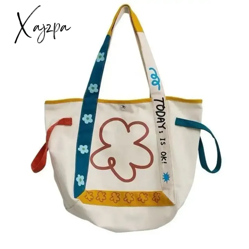 Xajzpa - Harajuku Style Shoulder Bag Flower Letter Print Large Capacity Canvas Handbag High Quality Youthful Fashion White Tote Bag