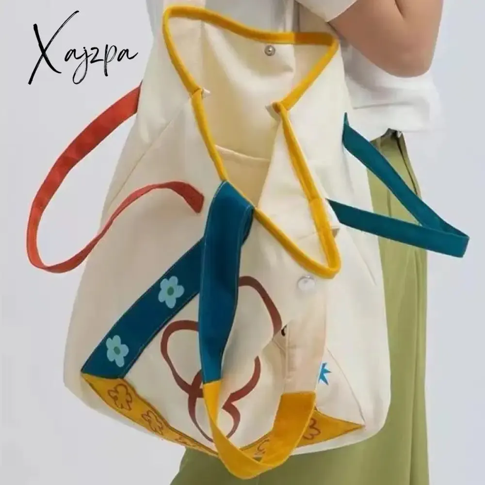 Xajzpa - Harajuku Style Shoulder Bag Flower Letter Print Large Capacity Canvas Handbag High Quality Youthful Fashion White Tote Bag