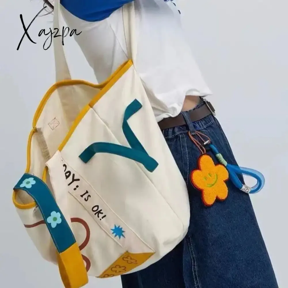 Xajzpa - Harajuku Style Shoulder Bag Flower Letter Print Large Capacity Canvas Handbag High Quality Youthful Fashion White Tote Bag